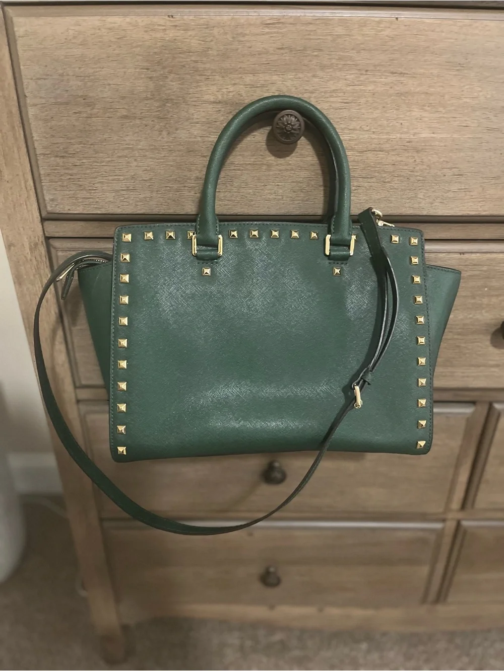 Michael Kors Dark Green Saffiano Satchel with Gold Studs